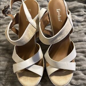 Limelight White and Tan Wedge Shoes with Crisscross Straps